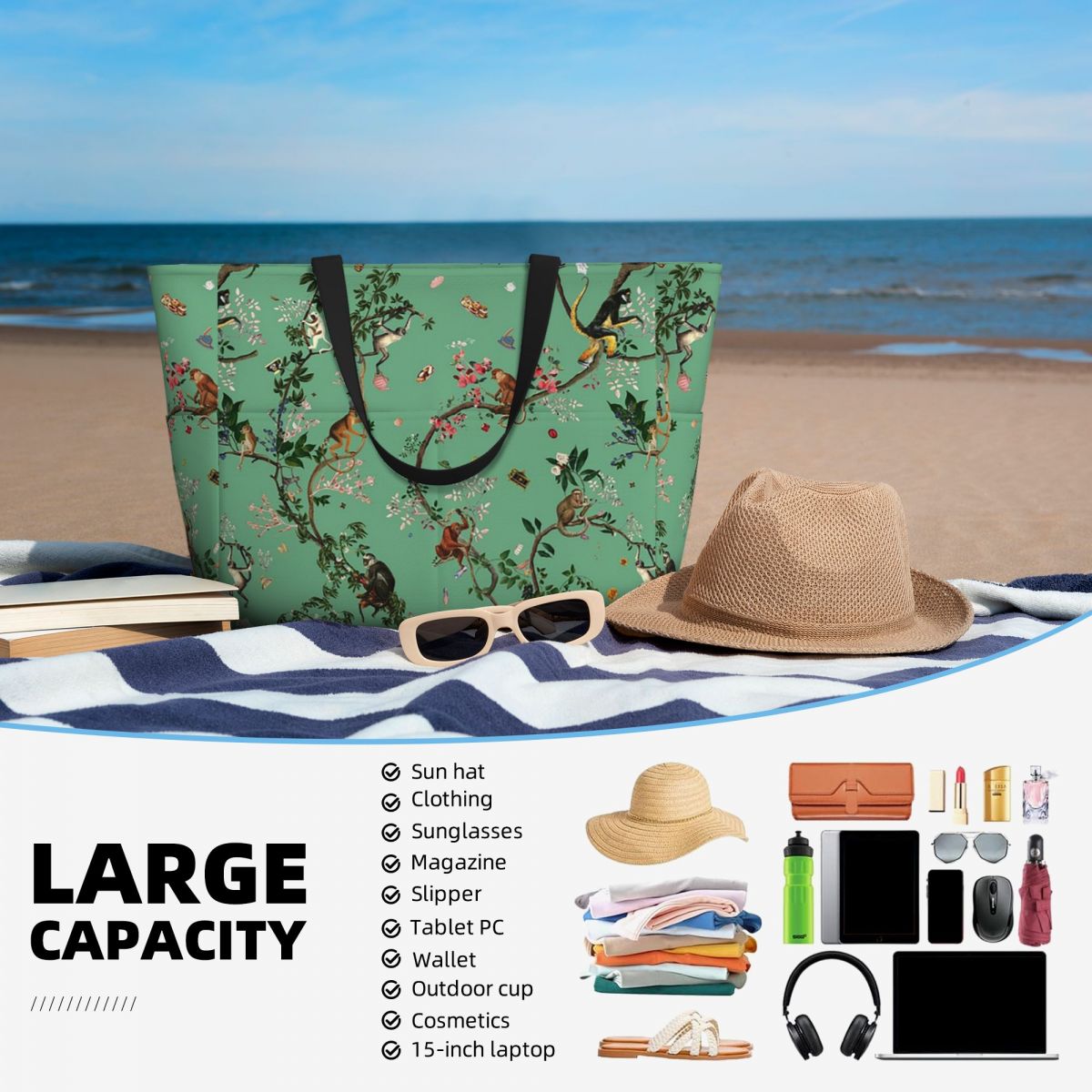 Monkey World Green Beach Tote  - Yoga Fitness World บทวิจารณ์และราคา