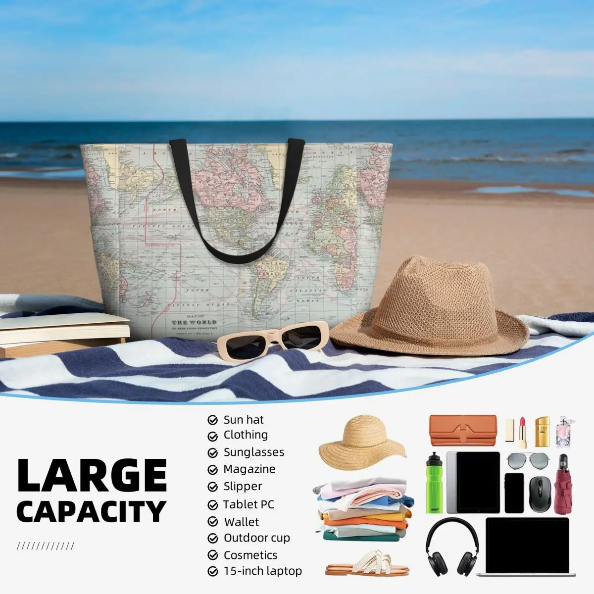 Vintage World Map 1901 Beach T - Yoga Fitness World บทวิจารณ์และราคา